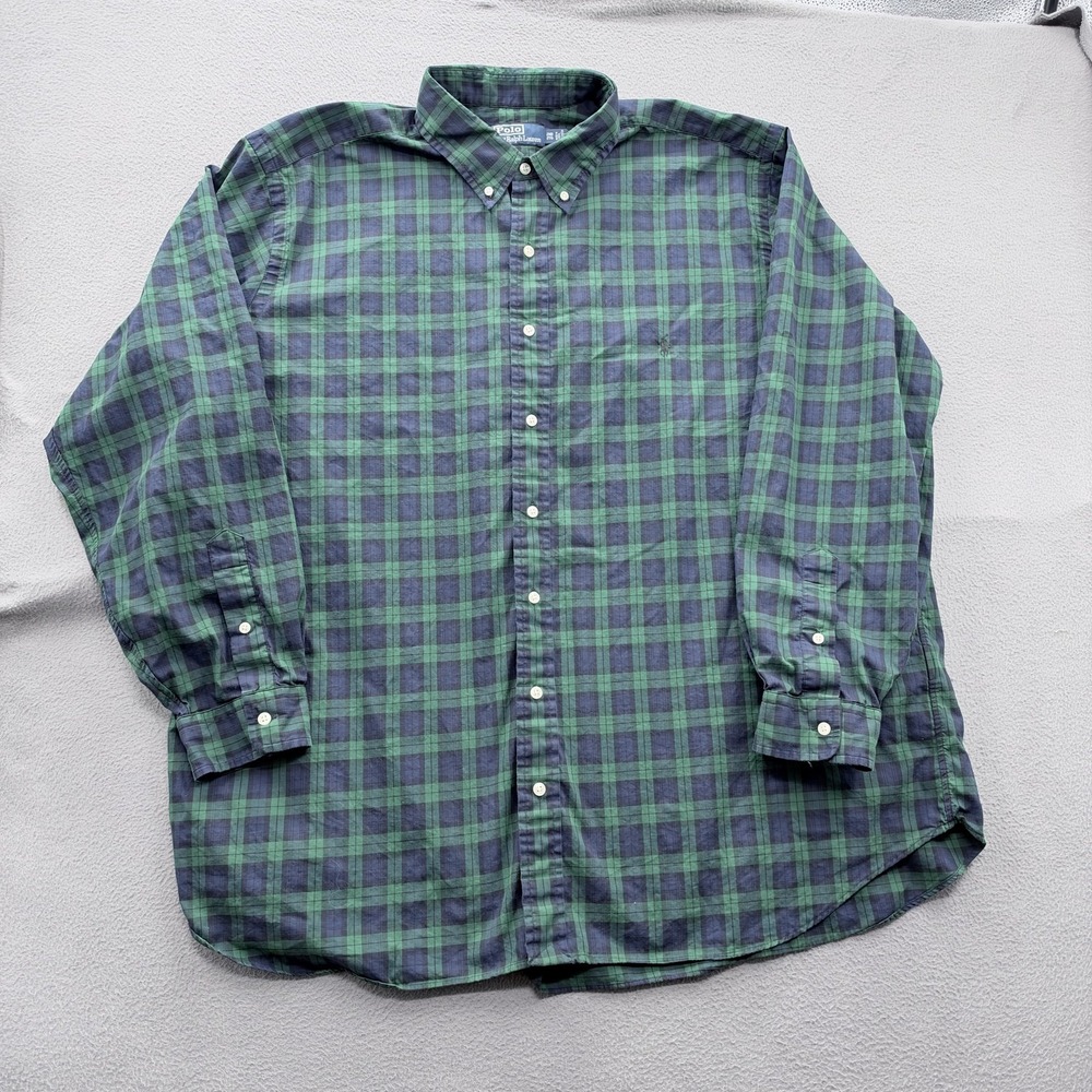 Polo Ralph Lauren Shirt Mens Big 2X Green Plaid Long Sleeve Button Up Casual